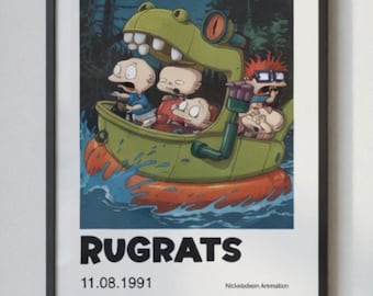 Plakat Nickelodeon Rugrats, grafika z kreskówek w stylu retro z lat 90., grafika ścienna w stylu vintage anime, plakat fizyczny, nostalgiczna klasyczna animacja