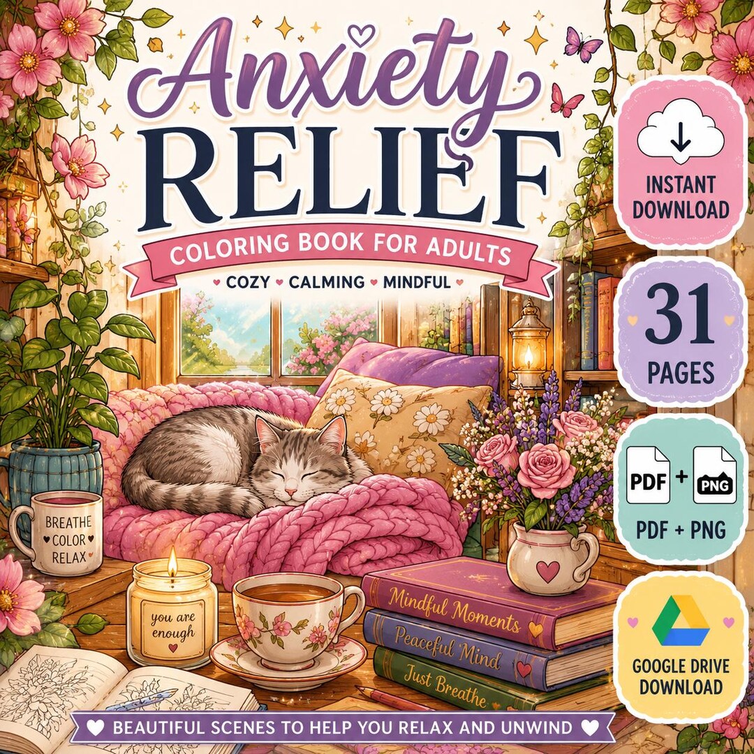 Anxiety Relief Coloring Book for Adults | Cozy & Cute Stress Relief ...
