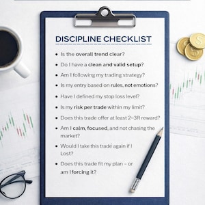 May include: A checklist titled "DISCIPLINE CHECKLIST" on a clipboard, with questions about trading strategy. The image includes a pencil, a cup of coffee, glasses, and gold coins. Text at the top reads "BEFORE YOU ENTER A TRADE..."