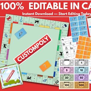 Könnte beinhalten: Ein anpassbares Brettspiel-Set mit dem Text "CUSTOMPOLY" auf dem Brett und einem kleineren Spielstein. Enthält Spielkarten, Spielgeld und den Text "100% EDITABLE IN CANVA" und "Instant Download - Start Editing Today".