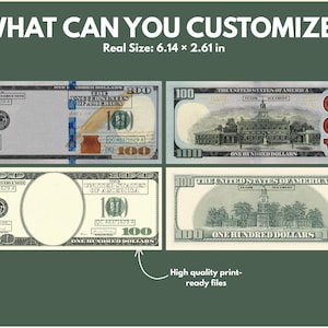 May include: A graphic design featuring four images of $100 bills, with the text "WHAT CAN YOU CUSTOMIZE?" at the top. The real size is 6.14 x 2.61 inches. The bottom of the image says "High quality print-ready files."