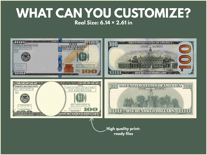May include: A graphic design featuring four images of $100 bills, with the text "WHAT CAN YOU CUSTOMIZE?" at the top. The real size is 6.14 x 2.61 inches. The bottom of the image says "High quality print-ready files."