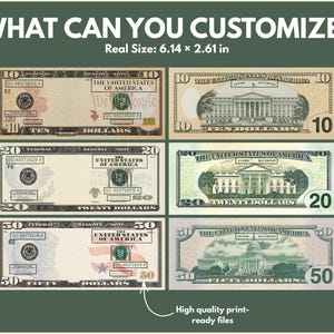 May include: A digital print featuring U.S. currency, including $10, $20, and $50 bills. The image displays both the front and back of the bills, with the text "WHAT CAN YOU CUSTOMIZE?" at the top. The real size is 6.14 x 2.61 inches.