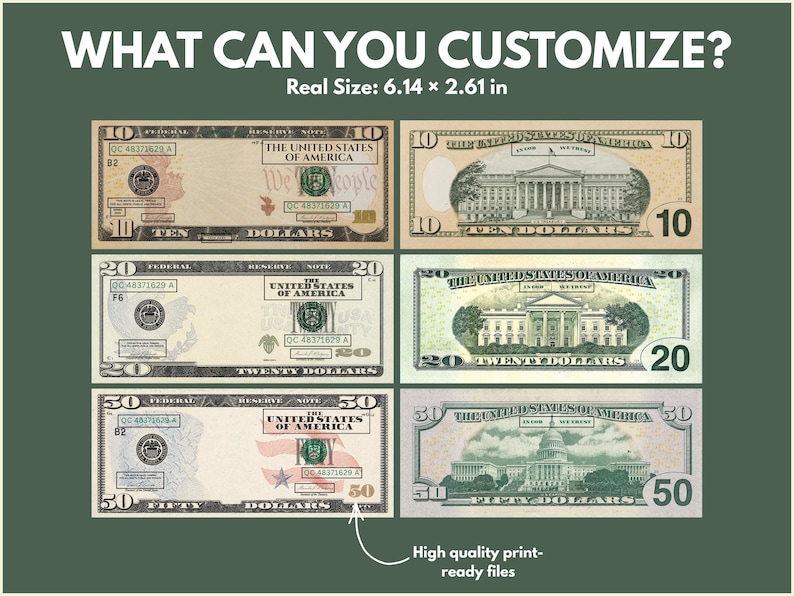 May include: A digital print featuring U.S. currency, including $10, $20, and $50 bills. The image displays both the front and back of the bills, with the text "WHAT CAN YOU CUSTOMIZE?" at the top. The real size is 6.14 x 2.61 inches.