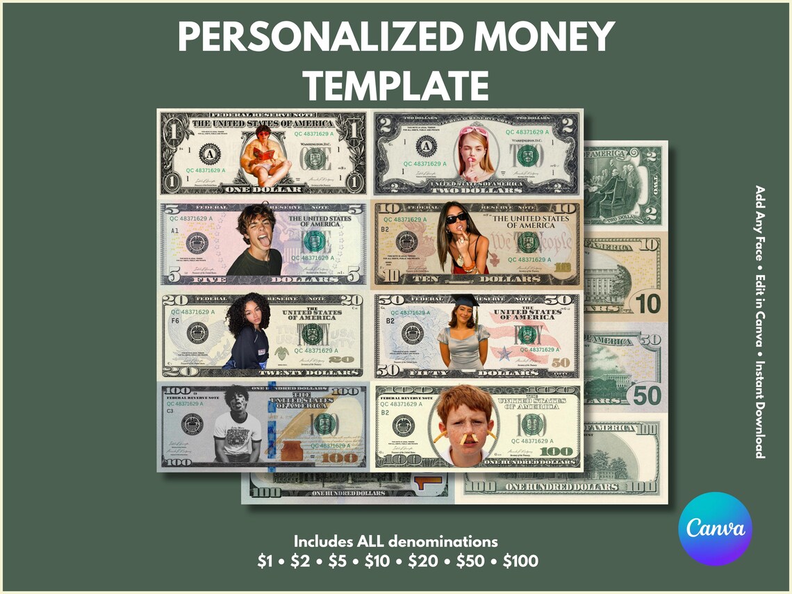 Custom Money File Personalized Dollar Bills, Customizable Money Template Bundle, Add ...