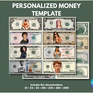 Billetes de dólar personalizados, paquete de plantillas de dinero personalizables, añadir foto (descarga en Canva)
