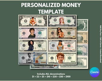 Gepersonaliseerde dollarbiljetten, aanpasbare geldsjabloonbundel, foto toevoegen (canva downloaden)