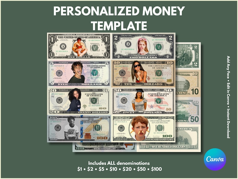 May include: A template for personalized money featuring various US dollar denominations. The design includes $1, $2, $5, $10, $20, $50, and $100 bills, each with a space for a custom face. The text "PERSONALIZED MONEY TEMPLATE" is at the top.