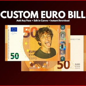 Modelo personalizado de nota de 50 euros no Canva – Adicione rosto, texto e assinaturas (Download instantâneo)