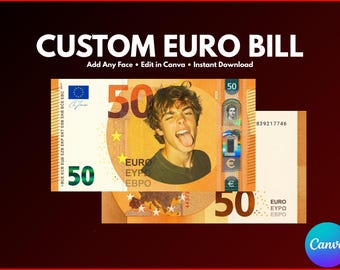 Custom 50 Euro Bill Canva Template – Add Face, Text, Signatures (Instant Download)