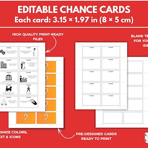 May include: Editable Chance Cards with a red background. The cards are 3.15 x 1.97 inches (8 x 5 cm). The image shows pre-designed cards with icons and text, blank templates, and dice. The cards are customizable with colors, text, and icons.