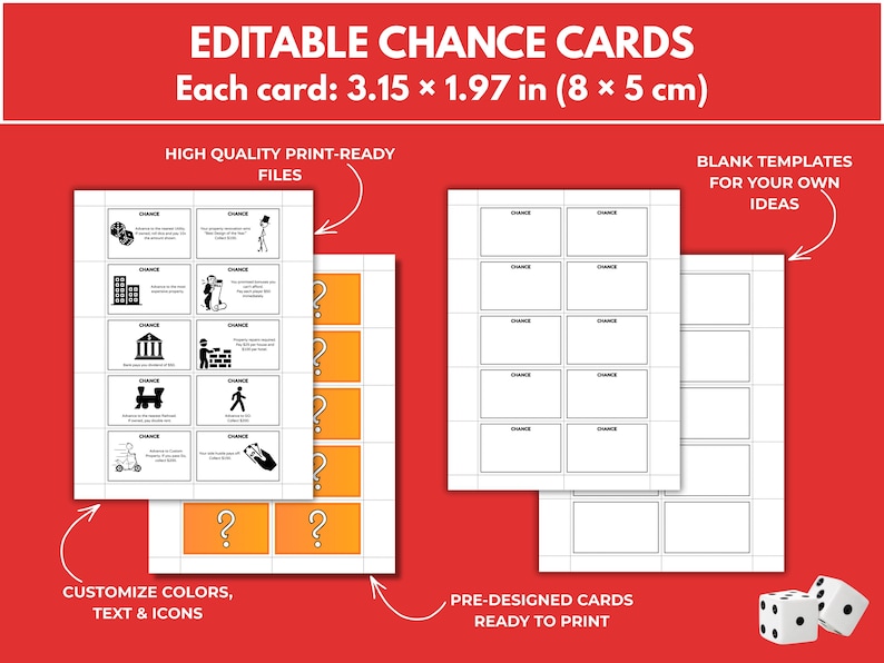 May include: Editable Chance Cards with a red background. The cards are 3.15 x 1.97 inches (8 x 5 cm). The image shows pre-designed cards with icons and text, blank templates, and dice. The cards are customizable with colors, text, and icons.