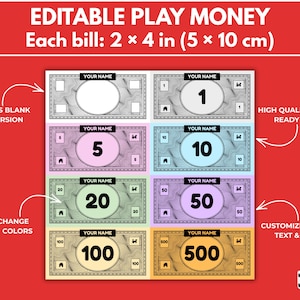 May include: A sheet of colorful play money with denominations from 1 to 500. Each bill measures 2 x 4 inches. The design includes the text "YOUR NAME" and the words "EDITABLE PLAY MONEY". The background is red.