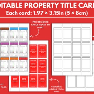 May include: Printable property title cards with editable fields. Each card measures 1.97 x 3.15 inches. The image shows pre-designed cards ready to print, blank templates, and the ability to customize colors, text, and icons. The text at the top says "EDITABLE PROPERTY TITLE CARDS".