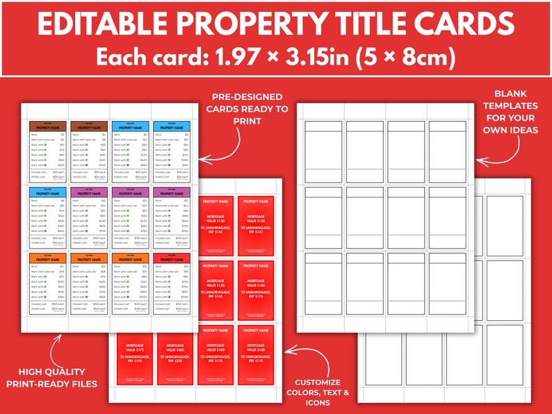 May include: Printable property title cards with editable fields. Each card measures 1.97 x 3.15 inches. The image shows pre-designed cards ready to print, blank templates, and the ability to customize colors, text, and icons. The text at the top says "EDITABLE PROPERTY TITLE CARDS".