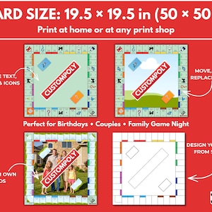May include: A customizable board game design with a red background. The board size is 19.5 x 19.5 inches. The image shows four different board game designs, including one with a family photo and another with a landscape. The text "CUSTOMPOLY" is on each board.