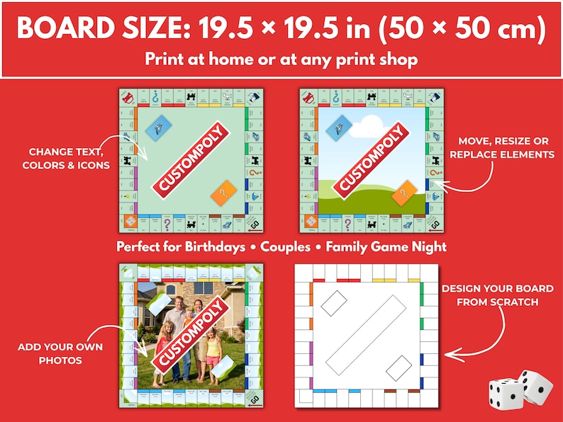 May include: A customizable board game design with a red background. The board size is 19.5 x 19.5 inches. The image shows four different board game designs, including one with a family photo and another with a landscape. The text "CUSTOMPOLY" is on each board.