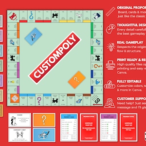 May include: A custom Monopoly board game set with a red and white "CUSTOMPOLY" logo. The set includes a game board, play money, property cards, chance cards, community chest cards, and dice. The board game is designed with a classic layout.