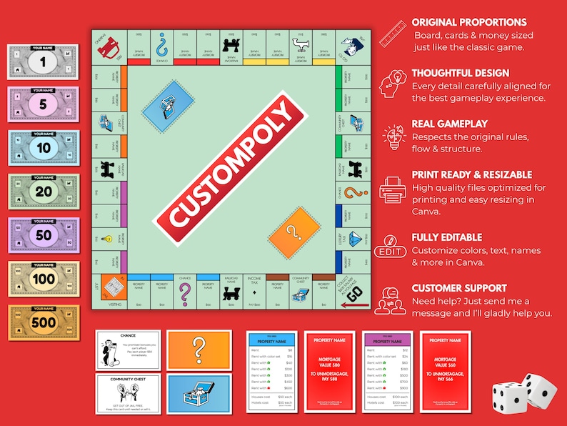 May include: A custom Monopoly board game set with a red and white "CUSTOMPOLY" logo. The set includes a game board, play money, property cards, chance cards, community chest cards, and dice. The board game is designed with a classic layout.