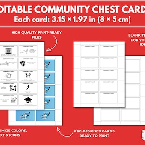 May include: Editable Community Chest cards with a red background. The cards are 3.15 x 1.97 inches. The image shows pre-designed cards with icons and blank templates. Text includes "Customize Colors, Text & Icons" and "Pre-Designed Cards Ready to Print."