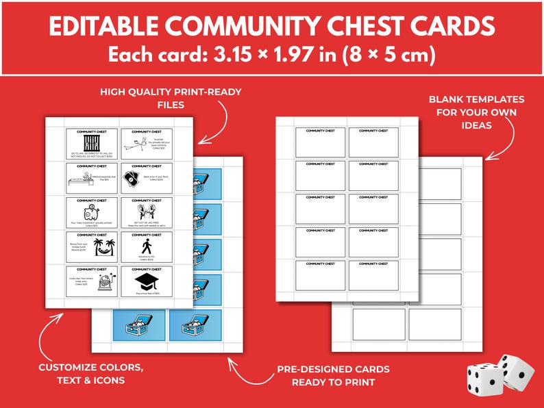 May include: Editable Community Chest cards with a red background. The cards are 3.15 x 1.97 inches. The image shows pre-designed cards with icons and blank templates. Text includes "Customize Colors, Text & Icons" and "Pre-Designed Cards Ready to Print."
