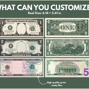 May include: Image showcasing six U.S. dollar bills: one, two, and five-dollar denominations. The text "WHAT CAN YOU CUSTOMIZE?" is at the top, with "Real Size: 6.14 x 2.61 in" below it. The phrase "High quality print-ready files" is at the bottom.