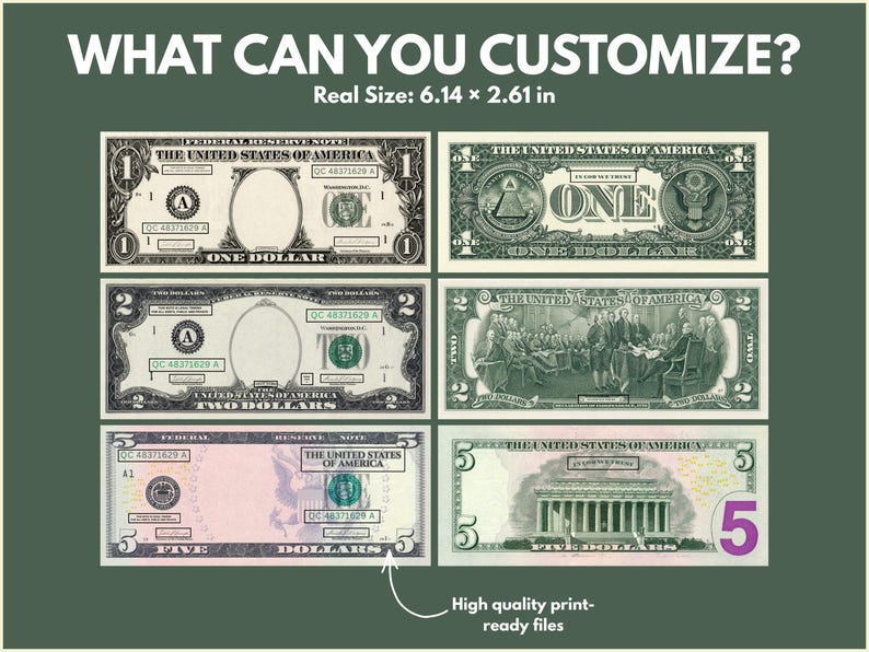 May include: Image showcasing six U.S. dollar bills: one, two, and five-dollar denominations. The text "WHAT CAN YOU CUSTOMIZE?" is at the top, with "Real Size: 6.14 x 2.61 in" below it. The phrase "High quality print-ready files" is at the bottom.