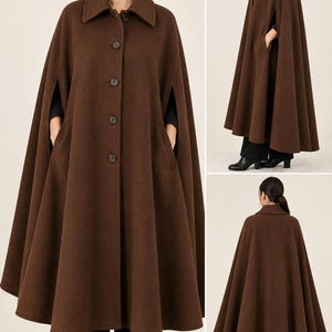 May include: A dark brown wool-blend cape featuring a classic fold-down collar, a front button closure with five matching buttons, and side arm slits. The garment has a flared, A-line silhouette that extends to the mid-calf, providing full coverage.