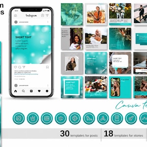 Può includere: Una collezione digitale di modelli Instagram con uno smartphone che mostra un'interfaccia bokeh color verde acqua, vari layout quadrati con testo segnaposto e una fila di icone circolari con disegni a linee bianche su sfondo verde acqua.