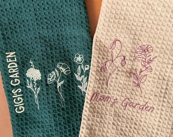 Custom Embroidered Kitchen Towel: Mom's Garden Birth Flower Embroidery