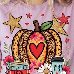 Profesora de otoño con estampado floral de leopardo y manzana PNG, Enseña, ama, inspira, brilla en otoño PNG, Profesora de otoño retro PNG, Profesora de Halloween PNG, Profesora acogedora