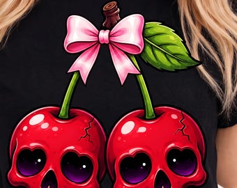 Skull Cherry Halloween PNG, Gothic Coquette Skull Bow , Creepy Cherry Skull, Dark Academia PNG, Preppy Skull Cherry, Toile Cherry Skull PNG