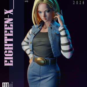 May include: A detailed resin model kit of a female character, featuring a denim jacket, skirt, and a black top. The figure has blonde hair and blue eyes. The text "EIGHTEEN-X" is vertically displayed on the left. The text "SIR RESIN MA'AM" is at the bottom.