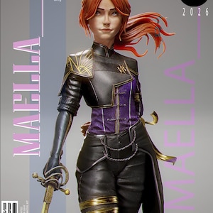 Könnte beinhalten: Unbemalter Resin-Modellbausatz einer weiblichen Figur namens Maella, in Schwarz und Lila mit goldenen Akzenten, die ein Schwert hält. Die Figur hat rotes Haar. Der Text "MAELLA" wird vertikal angezeigt. Nur für Ausstellungszwecke.