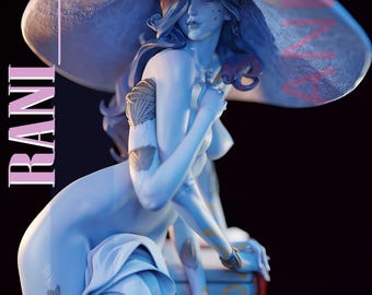 May include: A light blue statue of a woman wearing a large hat, with the name "RANI" in large pink letters on the left. The statue has a detailed design and the text "SIR RESIN MA'AM" is at the bottom. The logo "ES M" and the text "2026" are in the top right.