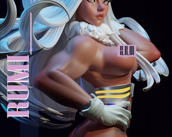 May include: A painted resin figure of a character with long white hair, pointed ears, and a muscular build. The figure wears white gloves and a metallic waist piece with yellow stripes. Text on the image includes RUMI, S.R.M, and SIR RESIN MA'AM.