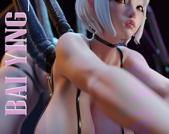 May include: A detailed resin model kit of a female figure with white hair, red eyes, and pointed ears. The figure is wearing a black choker and a revealing outfit. The text "BAI YING" is displayed vertically on the left side of the image.