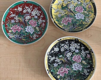Vintage Japanese Porcelain Plates Set of 3, Floral Bird Decor, Genin Trudeau
