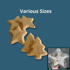 Op de afbeelding: Een collectie van beige, ster- en boomvormige keramische schalen met platte bodems. De tekst "Various Sizes" staat bovenaan. Een klein inzetstuk toont een stervormige schaal met een gemarmerd blauw en wit glazuur en de tekst "@elzabrasceramics".