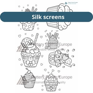 May include: A black and white silk screen transfer sheet featuring various cupcake illustrations, including designs with strawberries, hearts, and candy toppings. The text Silk screens is printed in a dark blue horizontal bar at the top.