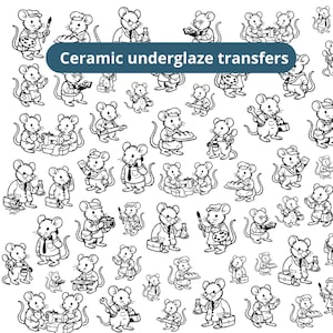 Pode incluir: Uma folha de decalques para cerâmica sob esmalte em preto e branco com um padrão repetitivo de vários ratos em diferentes profissões, incluindo artistas, cientistas, padeiros e mecânicos, com o texto Ceramic underglaze transfers.