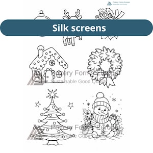 Op de afbeelding: Een set zwart-witte zeefdrukken met vakantiemotieven, waaronder een kerstbal, een rendier, hulst, een peperkoekhuisje, een krans, een kerstboom en een sneeuwpop. De tekst "Silk screens" staat bovenaan afgebeeld.