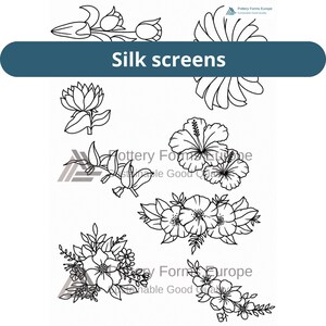May include: A set of black and white floral silk screens featuring various botanical illustrations including hibiscus, lotus, and assorted flower arrangements. The image includes the text Silk screens and the Pottery Forms Europe logo.