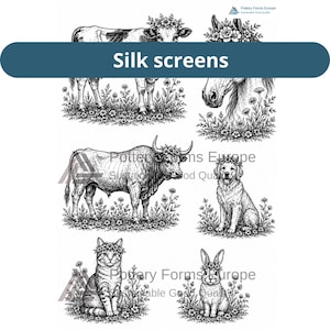 Könnte beinhalten: Ein Bogen mit schwarz-weißen Siebdruckschablonen mit detaillierten Illustrationen von einer Kuh, einem Pferd, einem Stier, einem Hund, einer Katze und einem Kaninchen, die jeweils Blumenkränze tragen und von Wildblumen umgeben sind. Der Text Silk screens ist sichtbar.