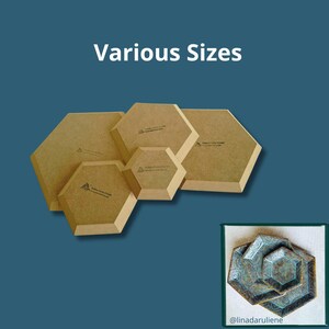 May include: A collection of five light brown hexagonal wooden boards of various sizes, each featuring a small logo and text. A smaller inset image displays three hexagonal ceramic plates with a blue and brown mottled glaze finish.