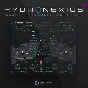 May include: A digital interface for the Hydronexius Parallel Resonance Synthesizer, with various controls, knobs, and sliders. The interface is dark with green and white text, and the text "Hydronexius" is at the top. The interface is labeled with the text "DNA Labs Software".