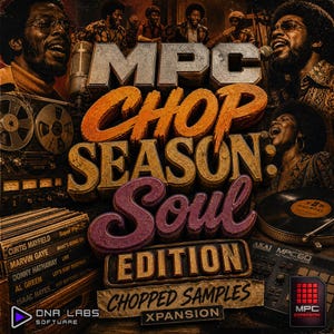 May include: A digital album cover featuring the text MPC CHOP SEASON: SOUL EDITION CHOPPED SAMPLES XPANSION. The image displays a vintage reel-to-reel tape recorder, a stack of vinyl records by artists like Curtis Mayfield, and an Akai MPC60 sampler.