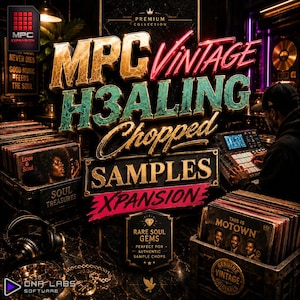 May include: A digital graphic for MPC Vintage H3aling Chopped Samples Xpansion featuring gold and teal 3D lettering, vinyl record crates labeled Love & Soul and This Is Motown, a music production controller, headphones, and a gold chain.