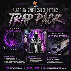 May include: A promotional graphic for "Trap Pack" synthesizer patches. The image features three product boxes with dark, futuristic designs. Text includes "Shadow Worlds 1", "Future Massacre", and "Future Tones 1". The graphic also lists features and requirements.