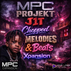 May include: Album cover art for "MPC Projekt J1T Chopped Melodies & Beats Xpansion." The image features a young person with dreadlocks and face tattoos. The title text is in various colours and fonts, with a cityscape background and a music production device.